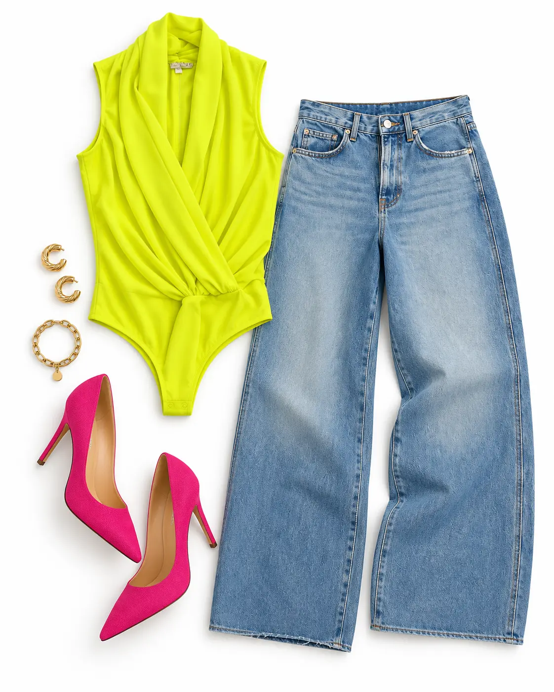 A styled outfit: a chartreuse bodysuit with light-wash wide-leg jeans and pink heels