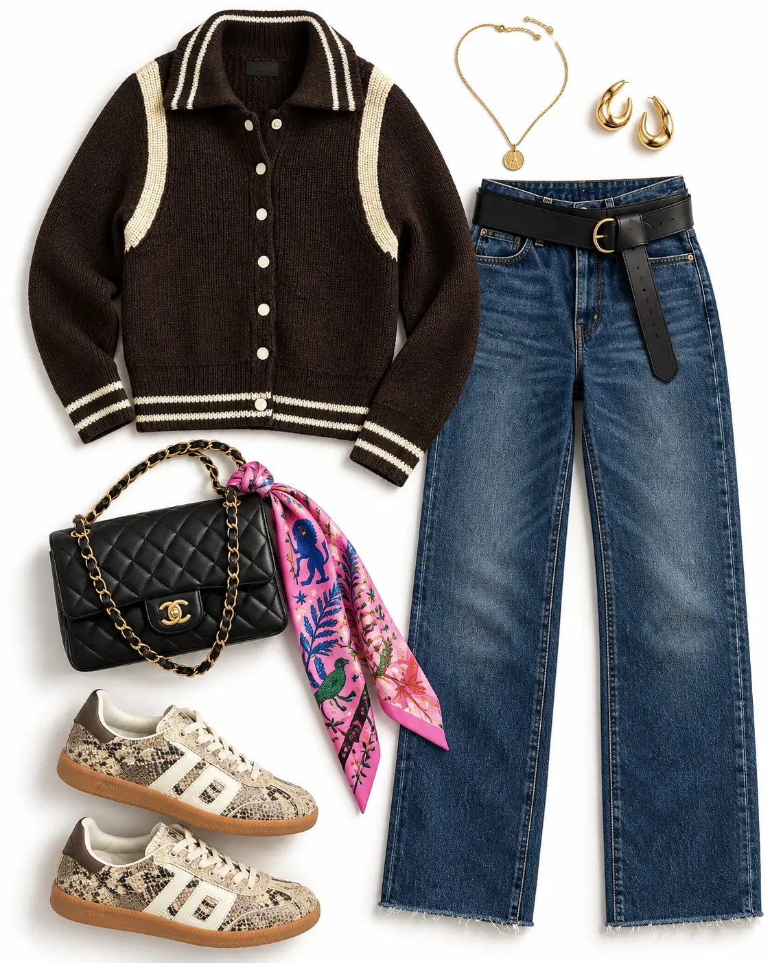 A styled outfit: a brown knit cardigan with cream trim, blue wide-leg jeans with a black belt, snake-print sneakers, and a pink silk scarf draped on a quilted chain bag