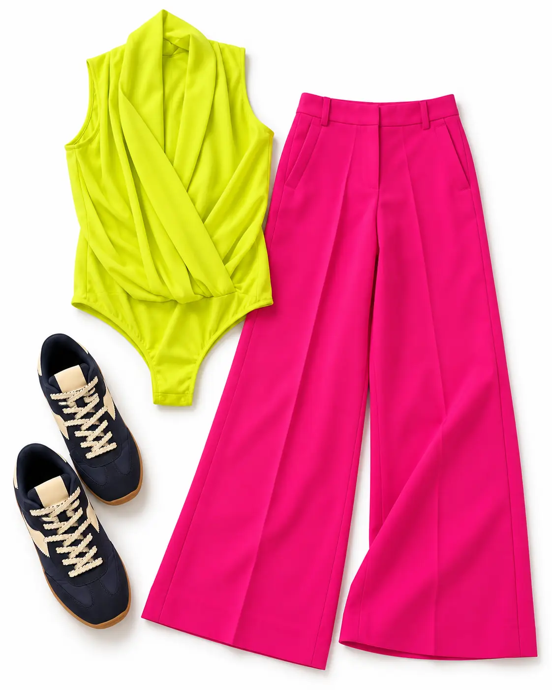 A styled outfit: a chartreuse draped sleeveless top with bright pink wide-leg trousers and navy-and-cream sneakers