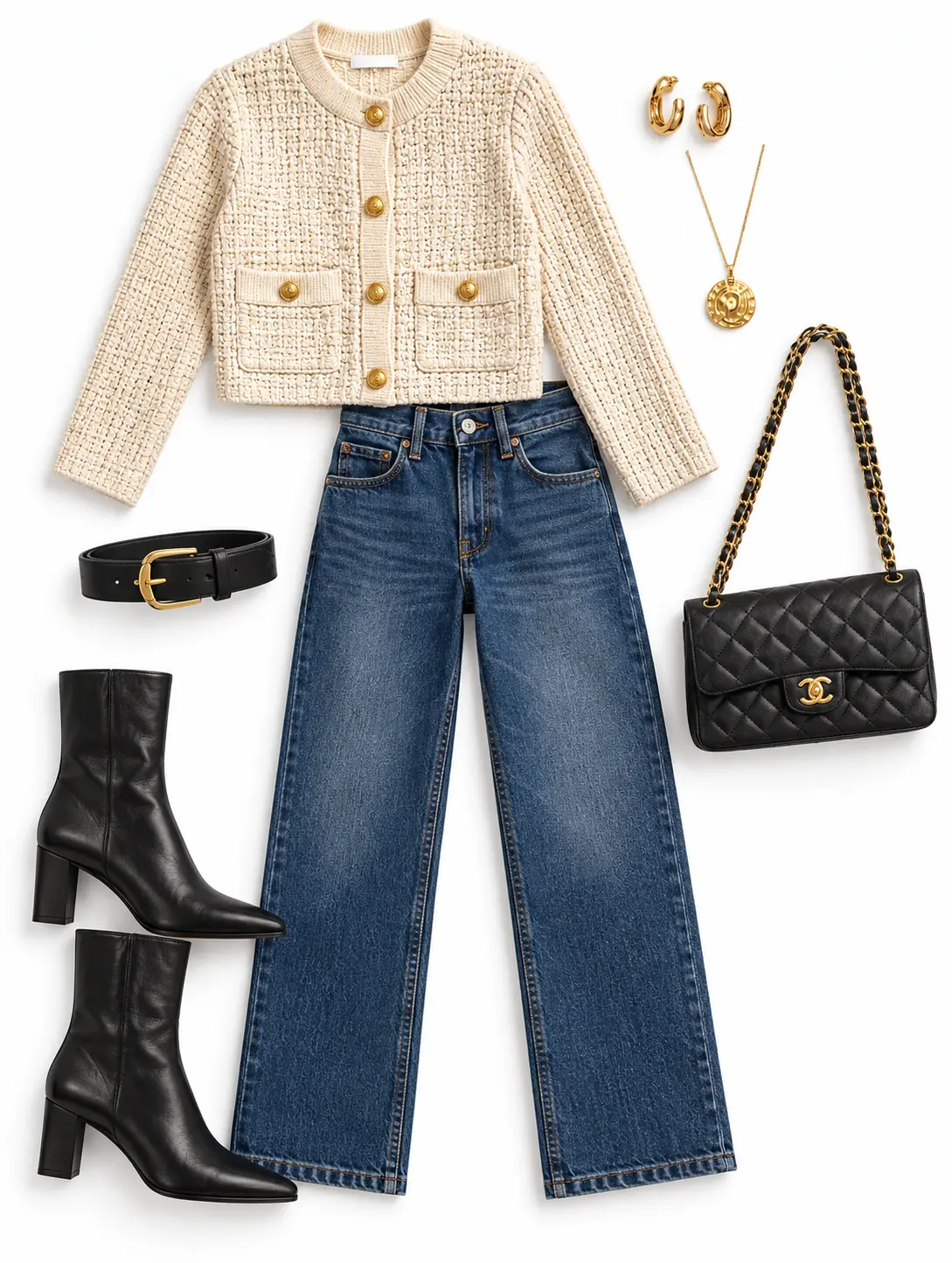 A styled outfit: a cream tweed button-front jacket with blue wide-leg jeans, black heeled ankle boots, a black belt, a quilted chain bag, and gold jewelry